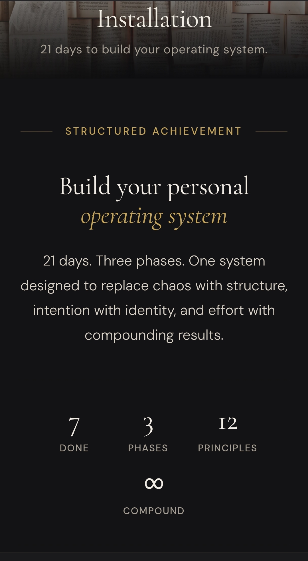 Installation tab showing 21-day course structure