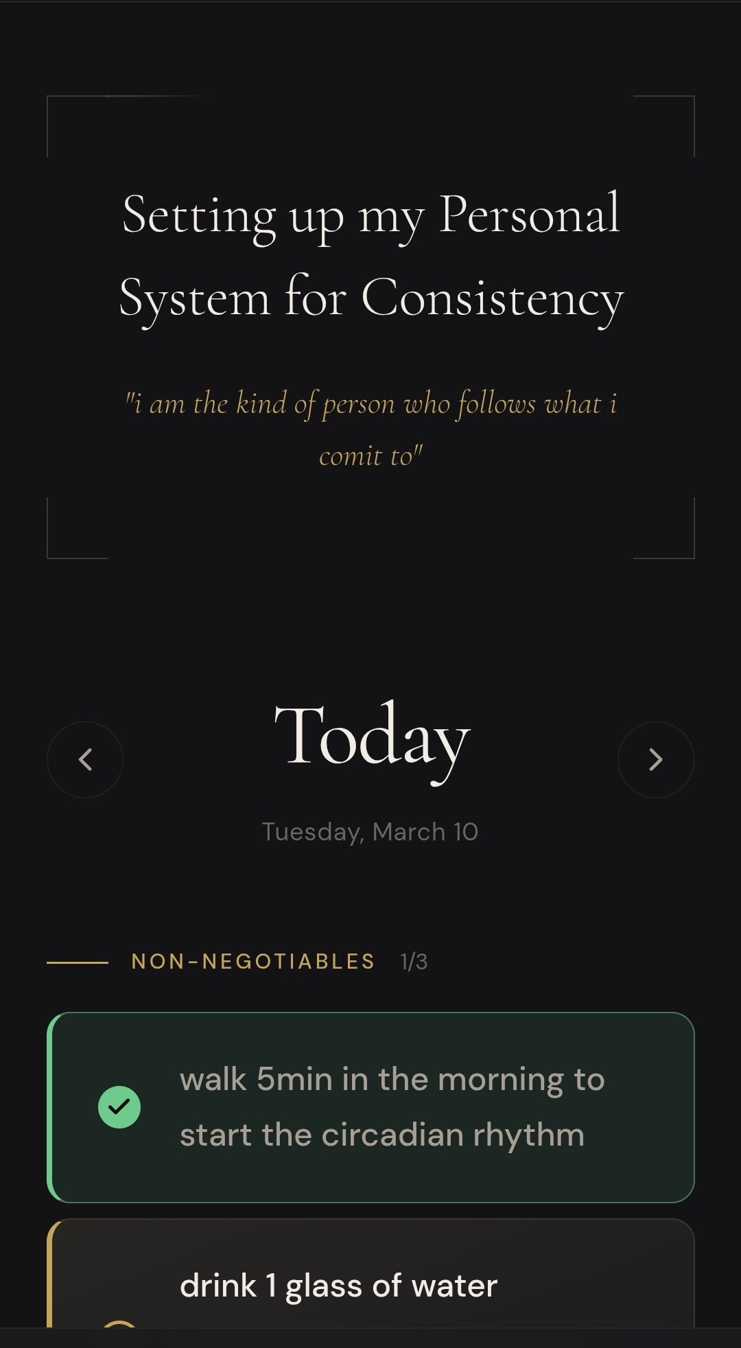 Today tab showing direction, non-negotiables and habits